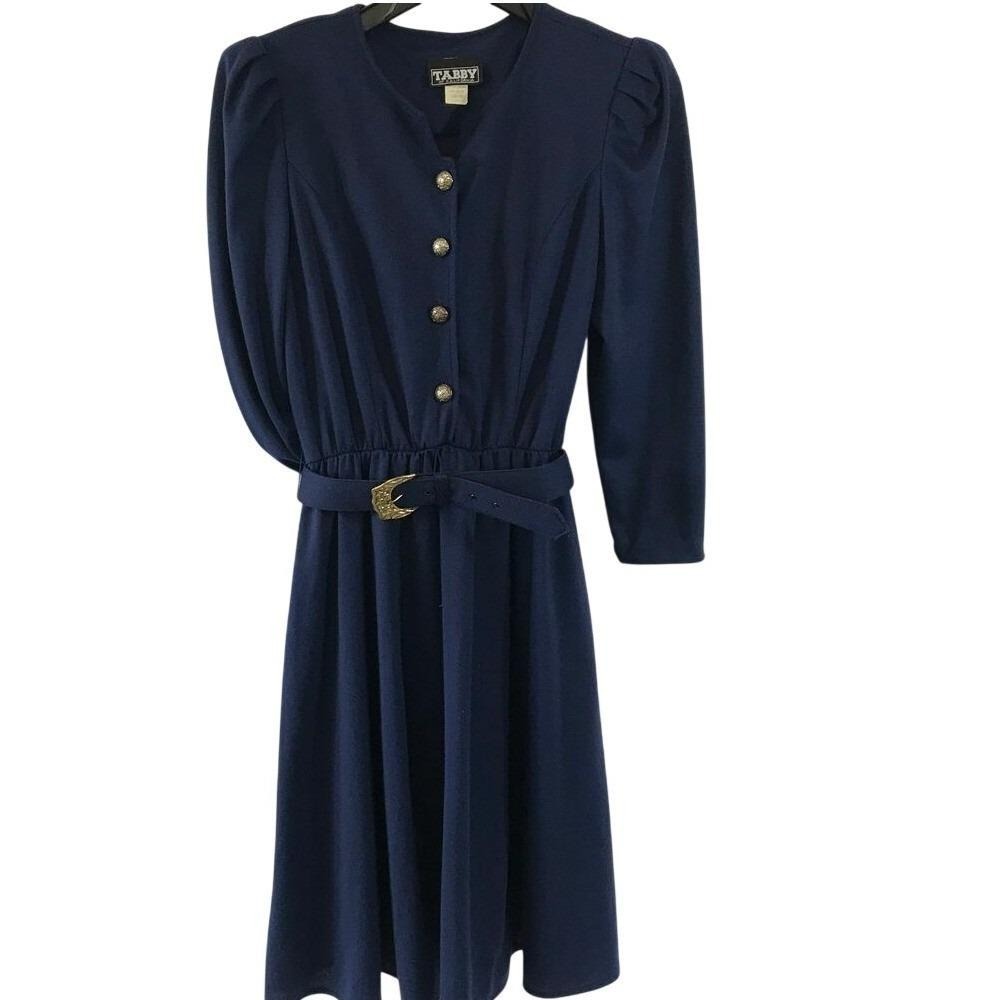 Tabby of California Navy Blue‎ Vintage Midi Dress Puff Sleeve Belted 12P 4012